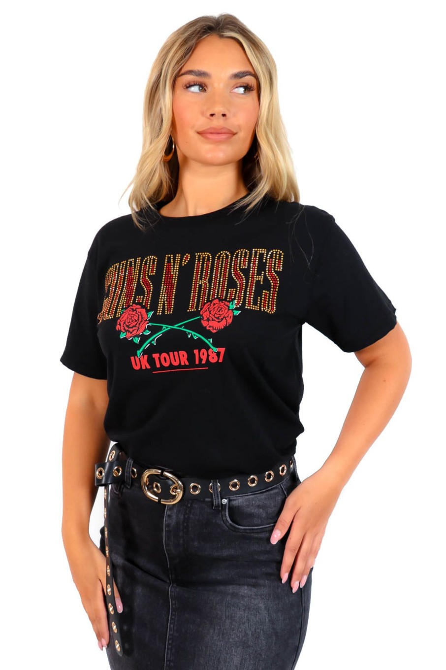 Clothing Rock Off Trade | Im With The Band - Black Red Diamante Guns N Roses T-Shirt