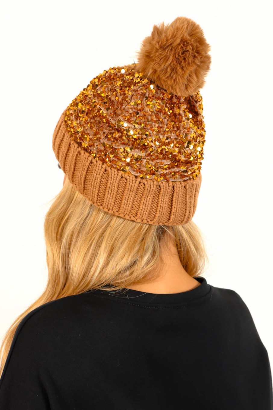 Accessories B GIRL | Hats Off To You - Beige Sequin Bobble Hat Neutral