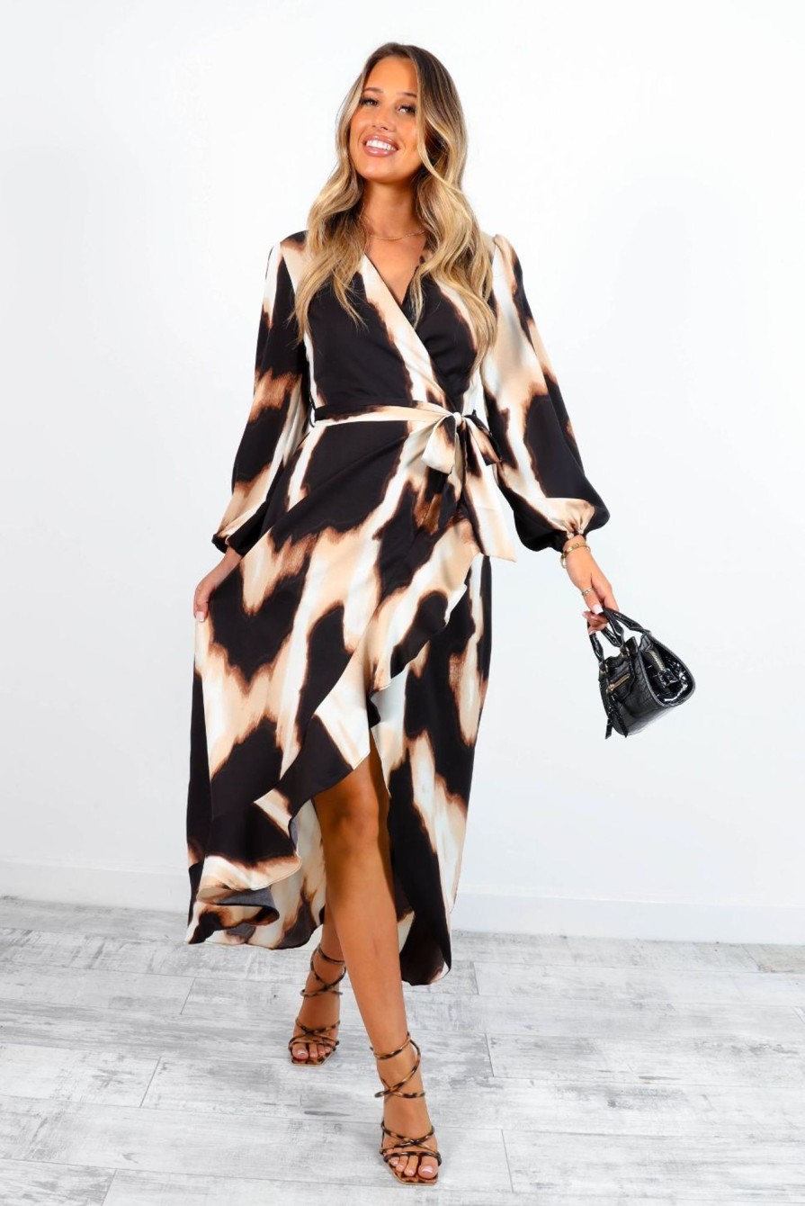 Clothing GIRL IN MIND | Full Of Confidence Animal Print Midi Wrap Dress Neutral