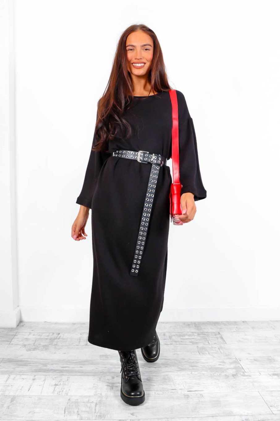 Clothing B GIRL | Shes Chill Long Sleeve Midi Dress Black