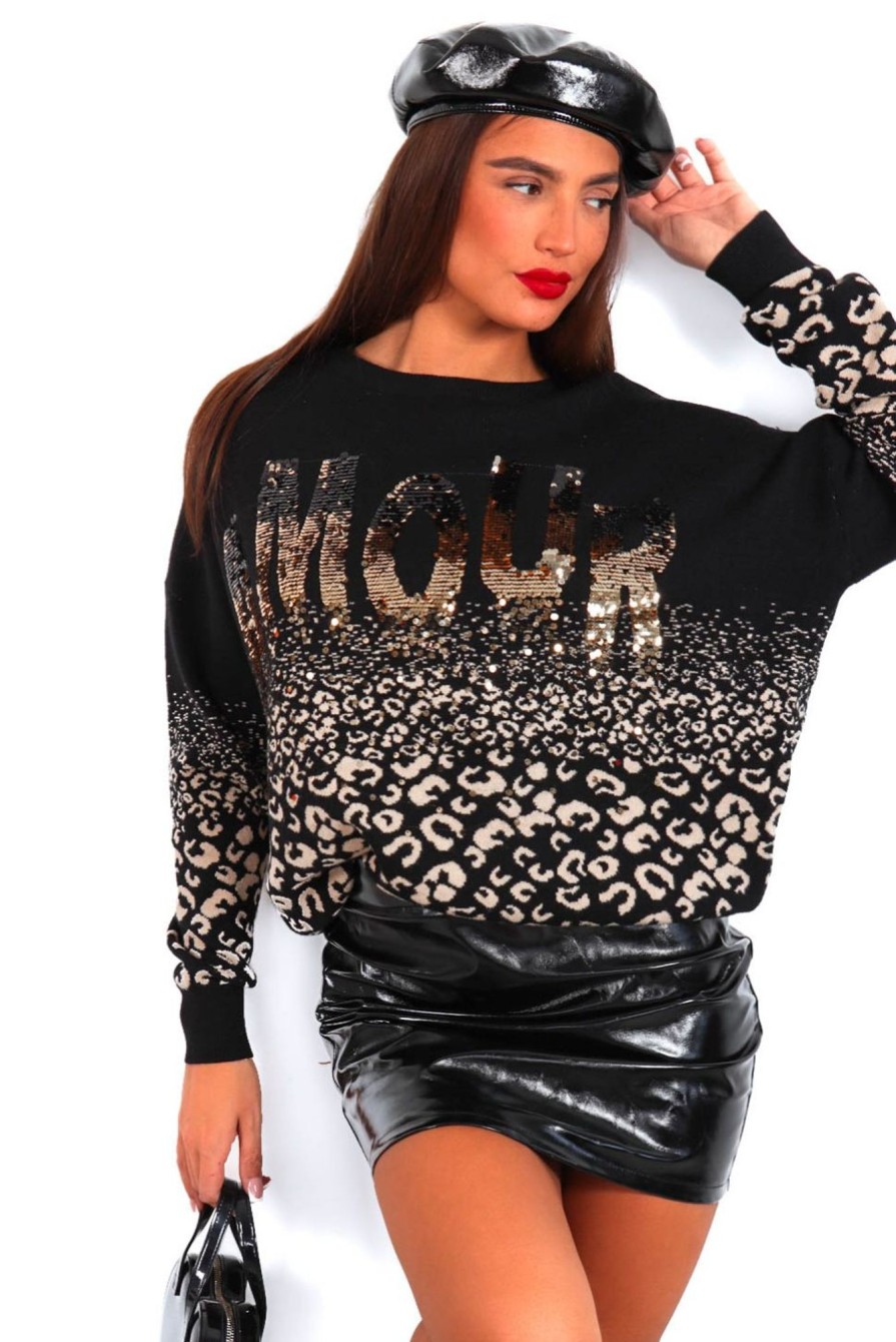 Clothing DAMES | Long Lost Love - Black Amour Sequin Leopard Knitted Jumper