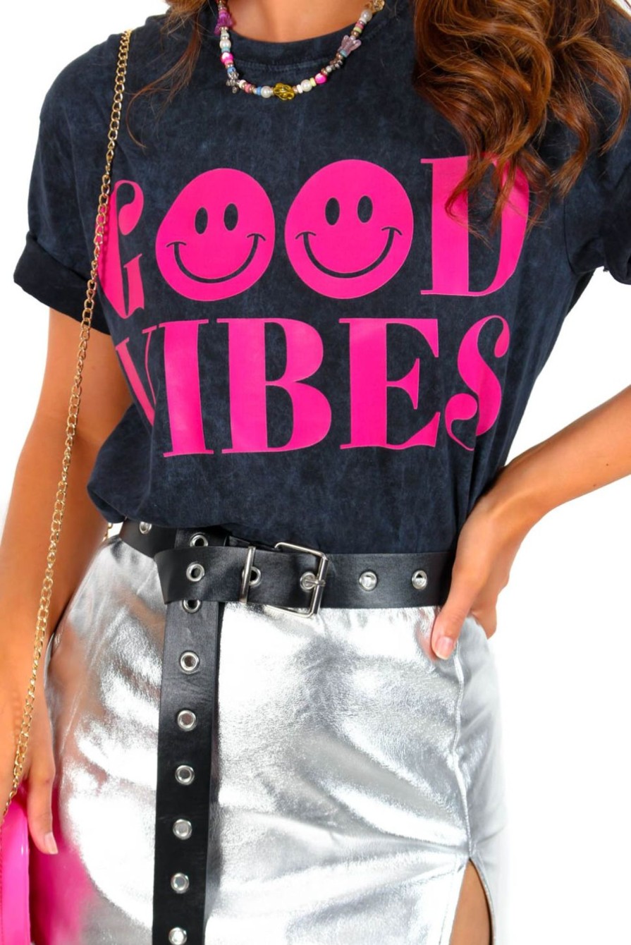 Clothing Missi | Those Good Vibes - Acid Wash Pink Graphic T-Shirt Grey