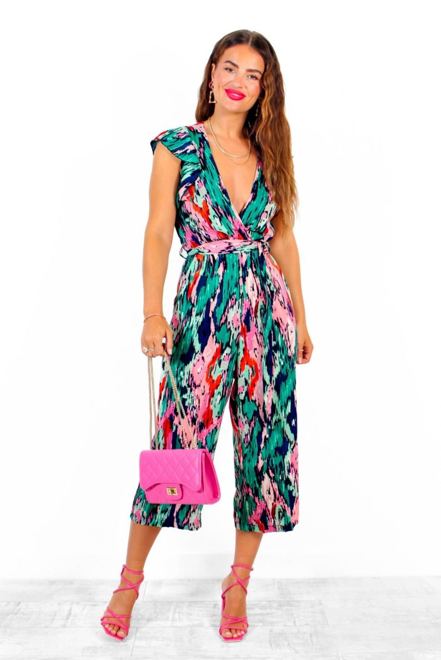 Clothing AX PARIS | What I Want - Green Multi Abstract Ruffle Jumpsuit