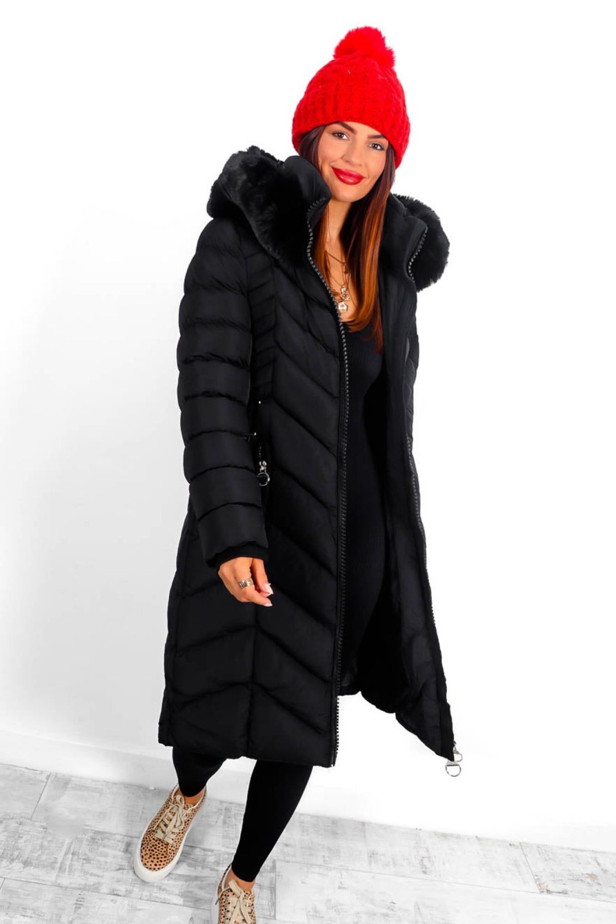 Clothing B GIRL | She'S Cold Blooded - Black Chevron Panel Fur Hood Coat