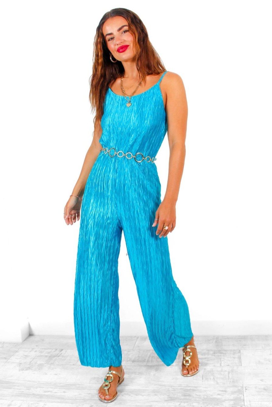 Clothing B GIRL | Can You Keep Up - Teal Blue Plisse Jumpsuit