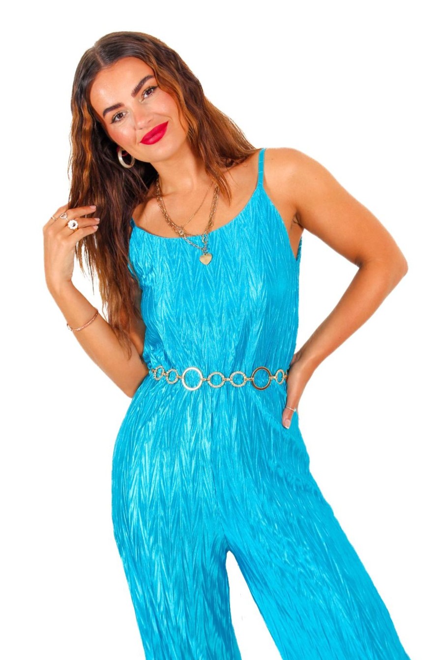 Clothing B GIRL | Can You Keep Up - Teal Blue Plisse Jumpsuit