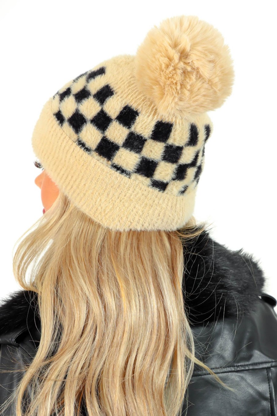 Clothing B GIRL | Check It Out - Cream Black Checkerboard Pom Pom Hat Monochrome