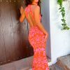 Clothing GIRL IN MIND | Real Life Fantasy - Orange Pink Floral Halter Neck Maxi Dress