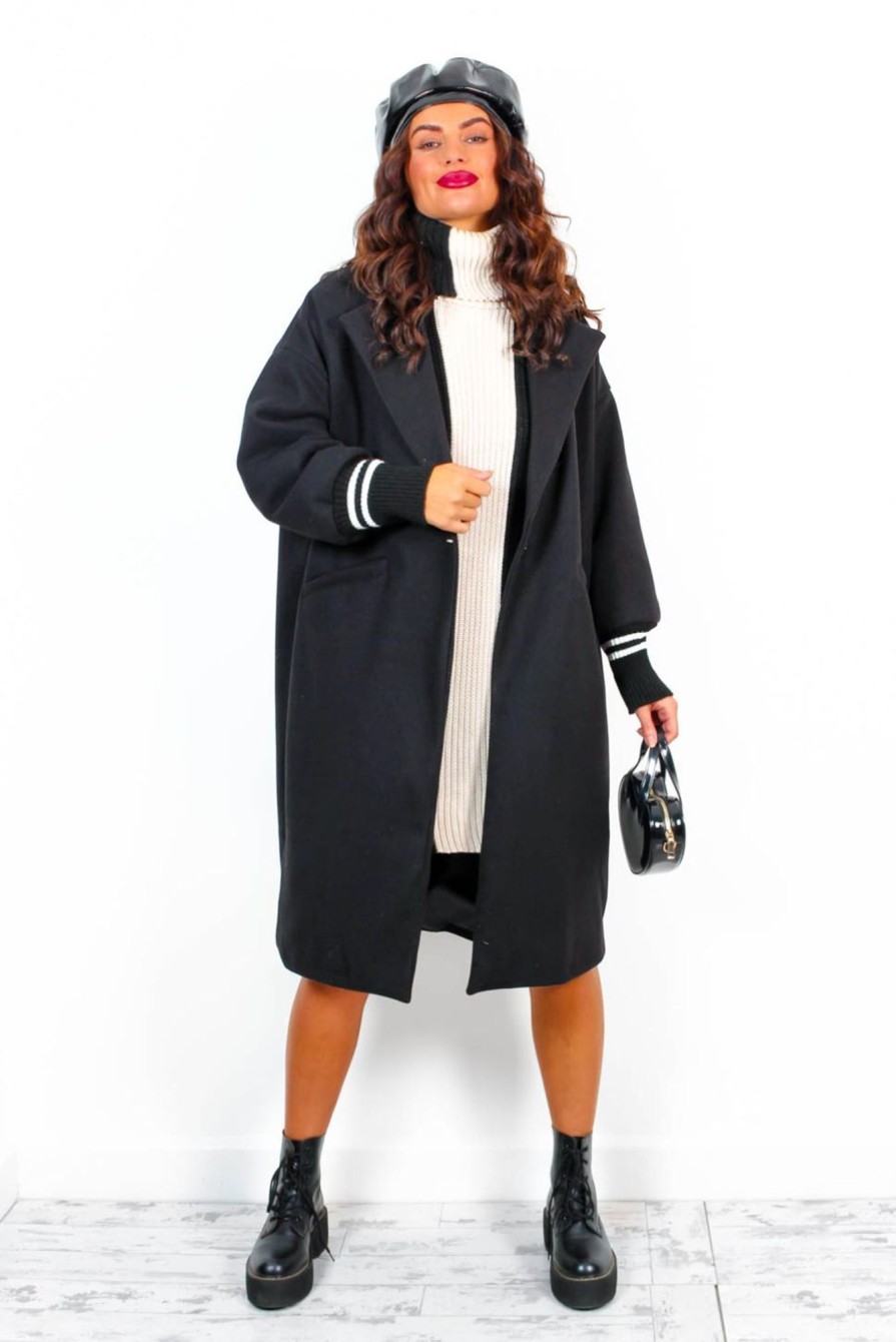 Clothing B GIRL | Off The Cuff - Black Stripe Cuff Oversized Coat