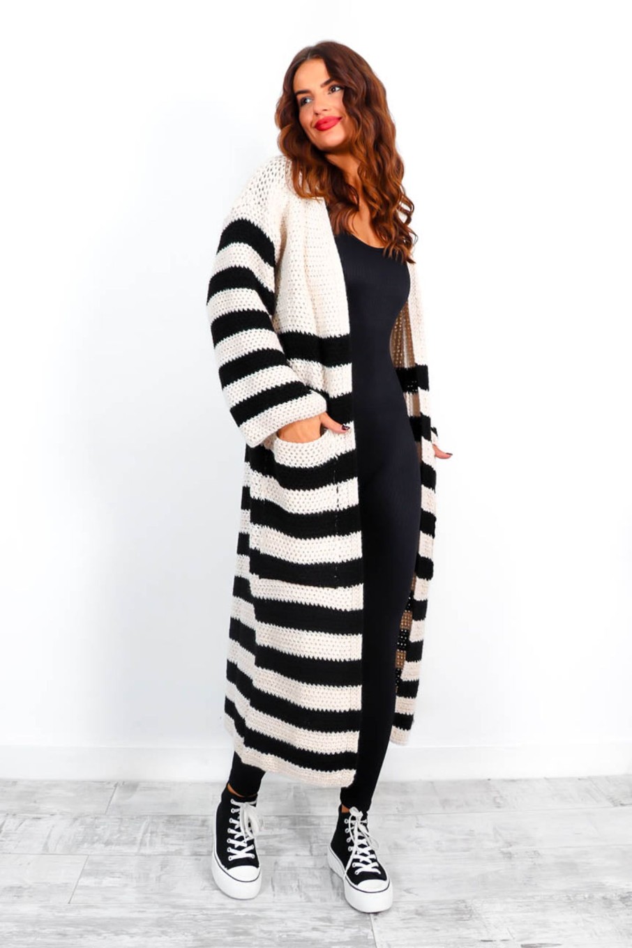 Clothing J5 HOLLAND | Who'S Your Stripe? - Cream Black Knitted Longline Cardigan