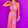 Clothing B GIRL | Artemis - Fuchsia Orange Animal Print Pleated Midi Dress