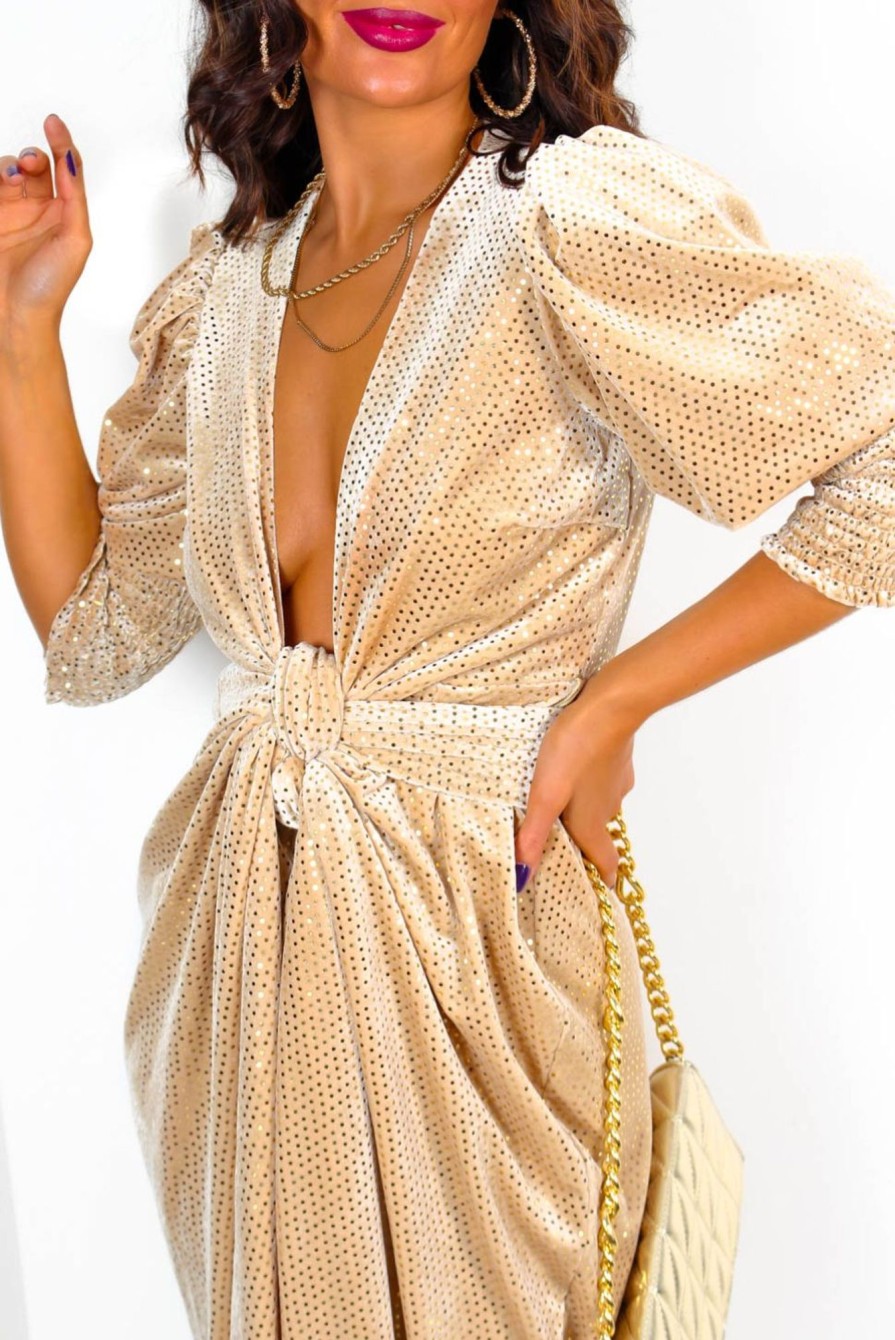 Clothing Glamorous | Drive Em Wild - Champagne Velvet Sequin Midi Wrap Dress Gold