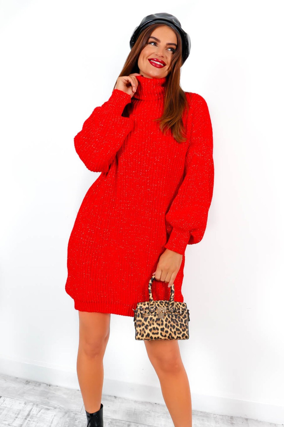 Clothing B GIRL | On A Roll Lurex Knitted Jumper Dress Red