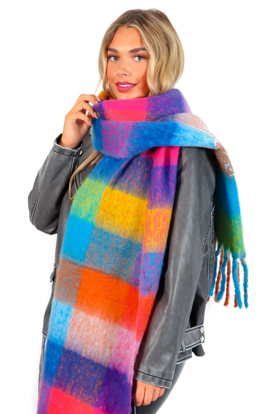 Accessories B GIRL | Check The Fit - Pink Check Wool Tassel Scarf Multi