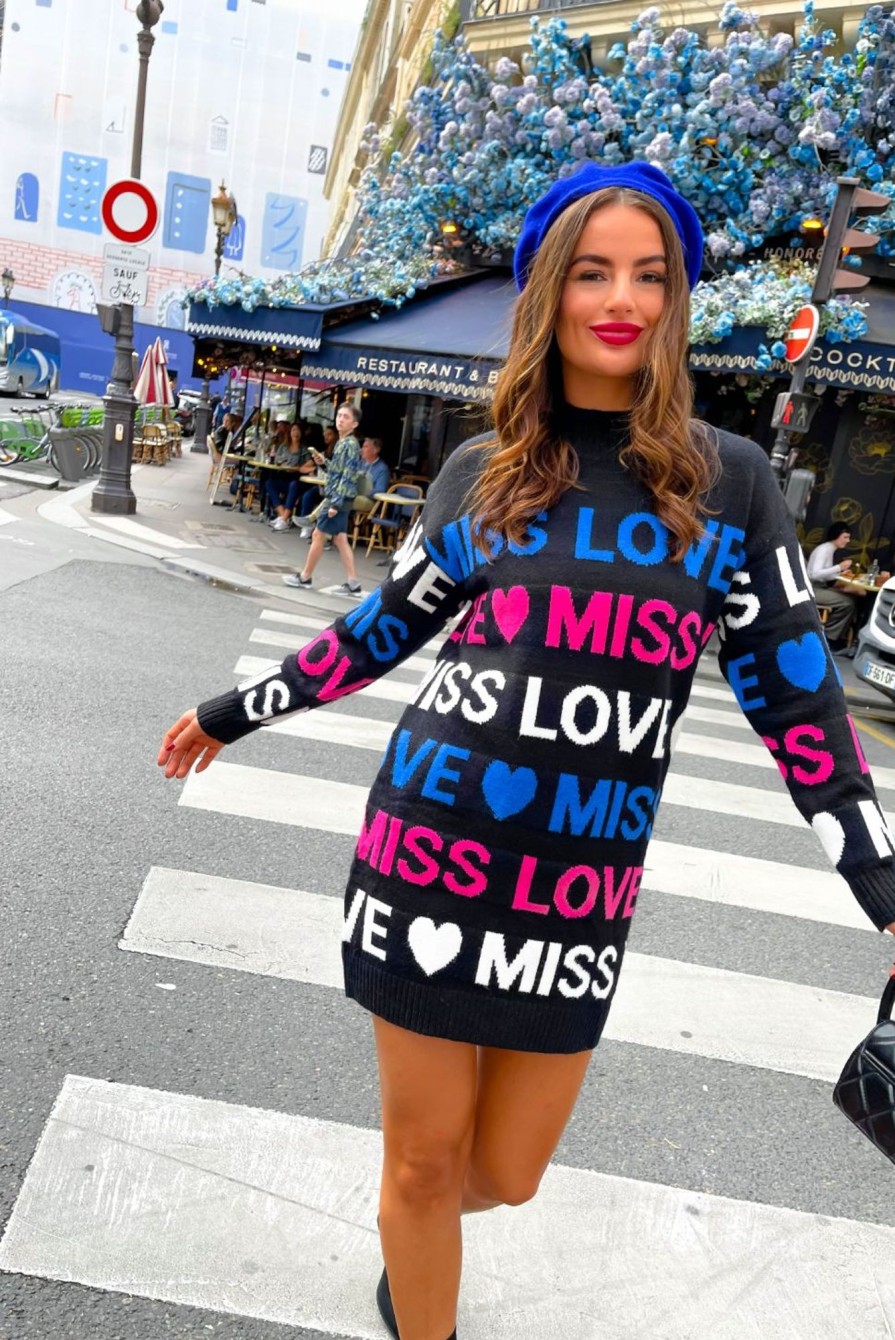 Clothing SHK | Love To Miss You Graphic Knitted Jumper Dress Black