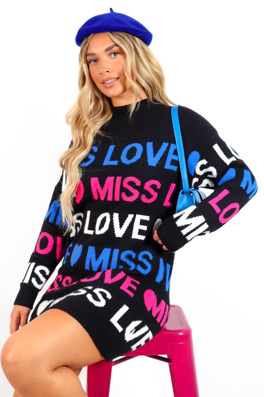 Clothing SHK | Love To Miss You Graphic Knitted Jumper Dress Black