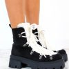 Footwear Ideal Shoes | Say Freeze - Black Cream Borg Ankle Boots Monochrome