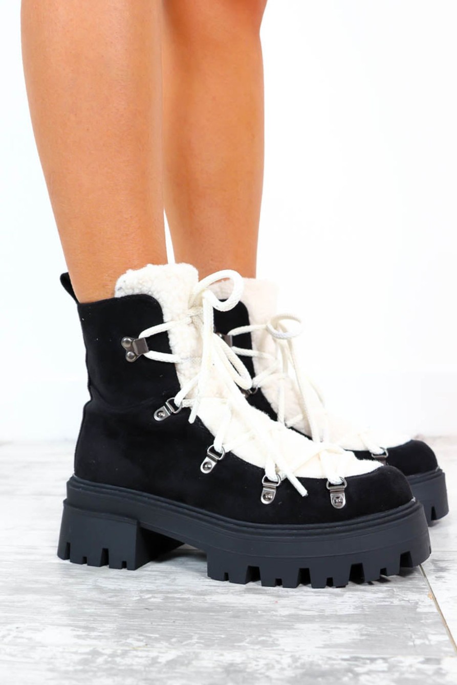 Footwear Ideal Shoes | Say Freeze - Black Cream Borg Ankle Boots Monochrome