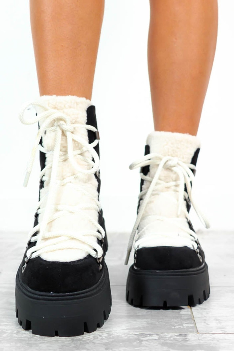 Footwear Ideal Shoes | Say Freeze - Black Cream Borg Ankle Boots Monochrome