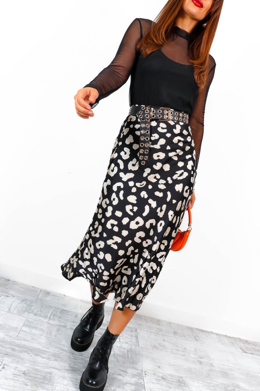 Clothing DAMES | My Prerogative - Black Cream Leopard Satin Midi Skirt Monochrome