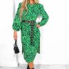 Clothing GIRL IN MIND | Spot My Baby Black Leopard Long Sleeve Midi Dress Green