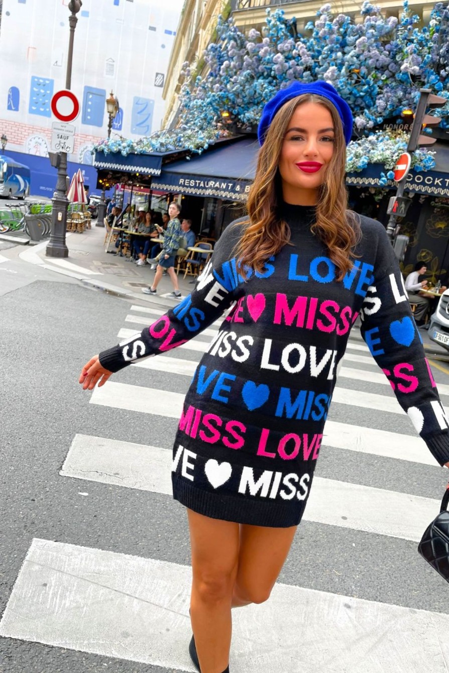 Clothing SHK | Love To Miss You Graphic Knitted Jumper Dress Black