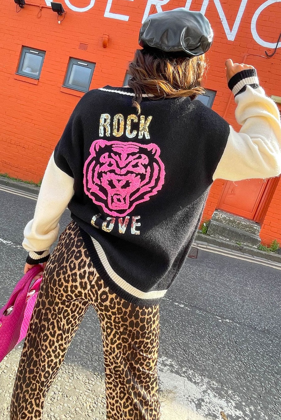 Clothing B GIRL | Knit In Love - Black Pink Rock Tiger Motif Knitted Jumper