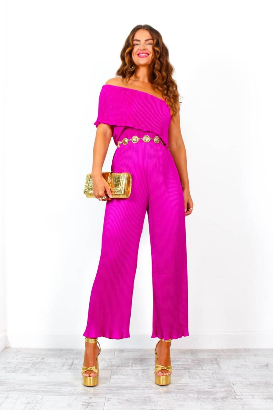 Clothing B GIRL | Its Jumpin - Magenta Plisse One Shoulder Jumpsuit