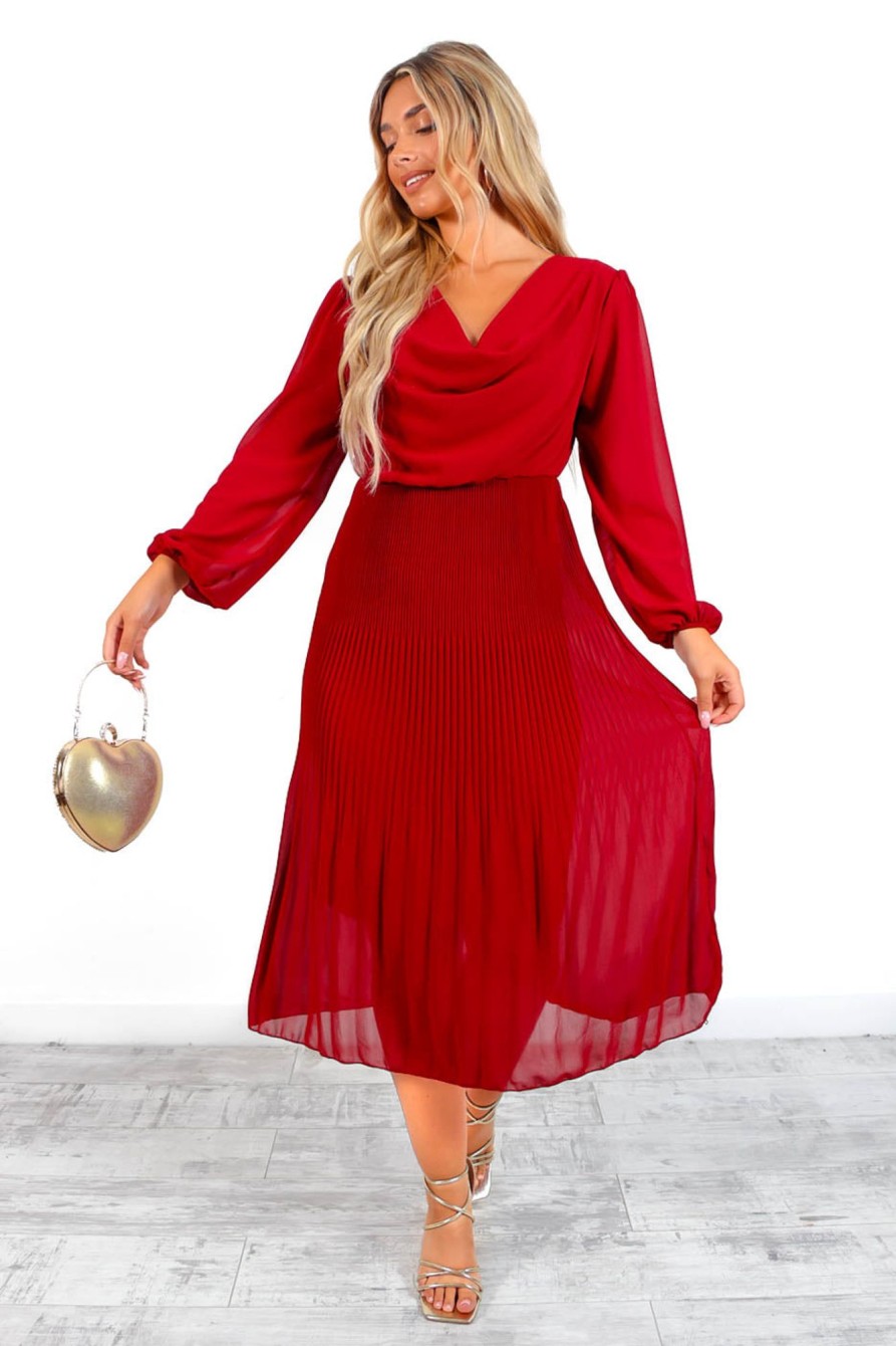 Clothing B GIRL | Tell Me Something - Wine Cowl Neck Pleated Midi Dress Red