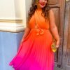 Clothing B GIRL | Artemis - Pink Orange Ombre Cross-Over Pleated Maxi Dress