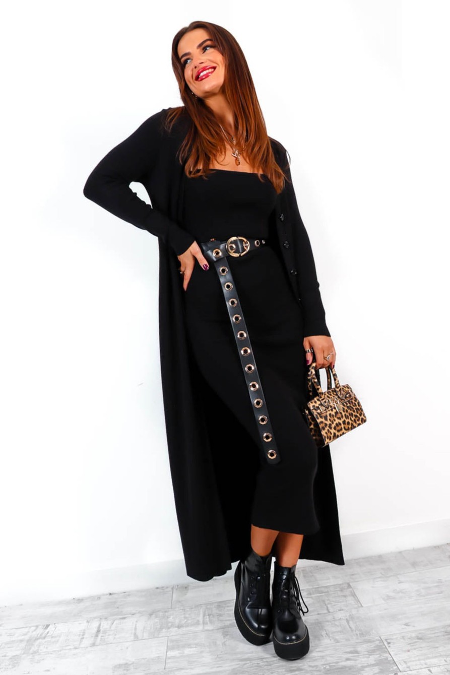 Clothing GIRL IN MIND | Button It Knitted Cardigan Midi Dress Black