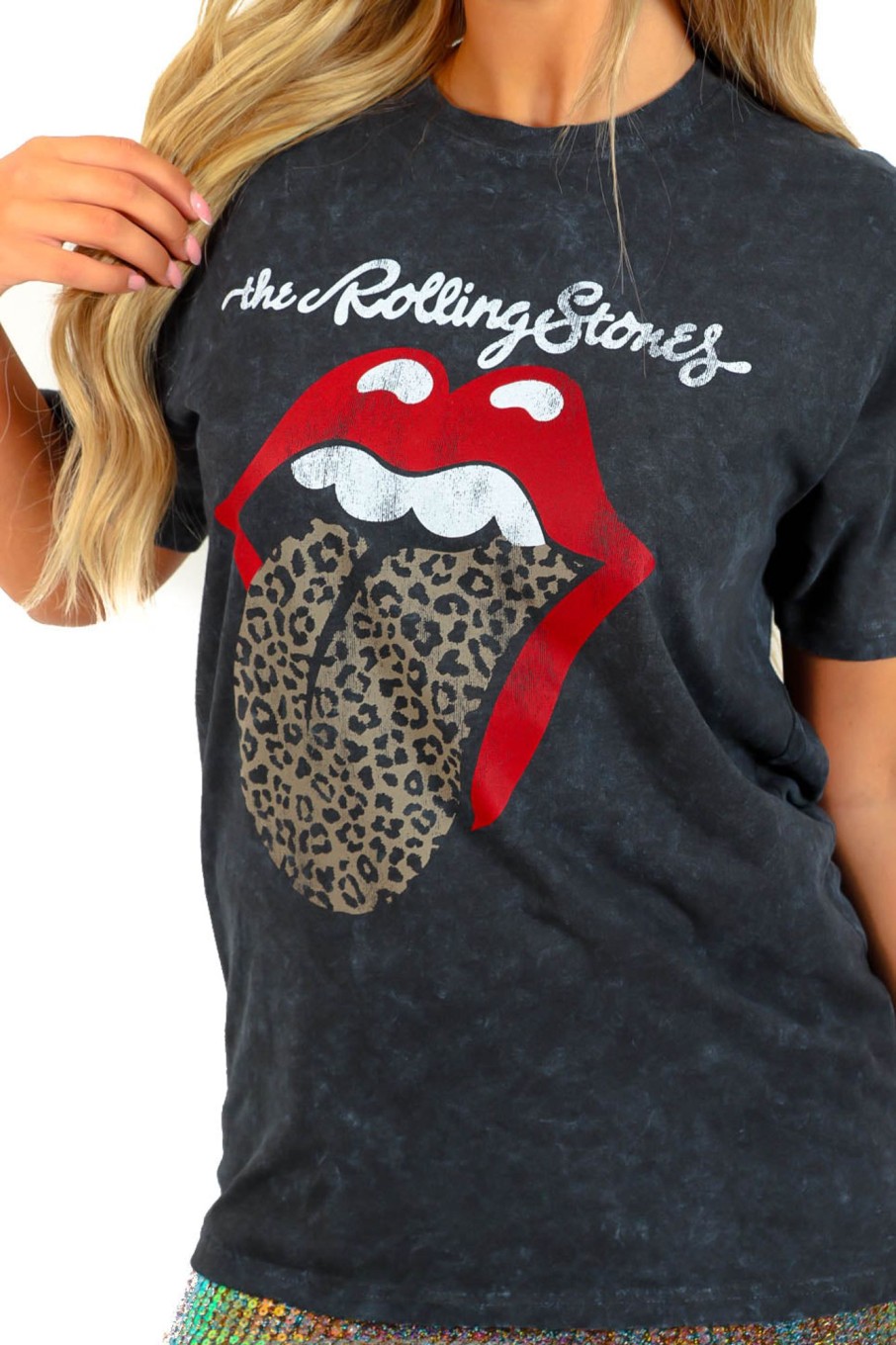 Clothing Rock Off Trade | Im With The Band - Acid Wash Leopard Rolling Stones Licensed T-Shirt Grey