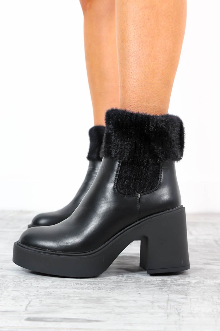 Footwear Ideal Shoes | Boot Off - Black Faux Leather Heeled Sock Boot