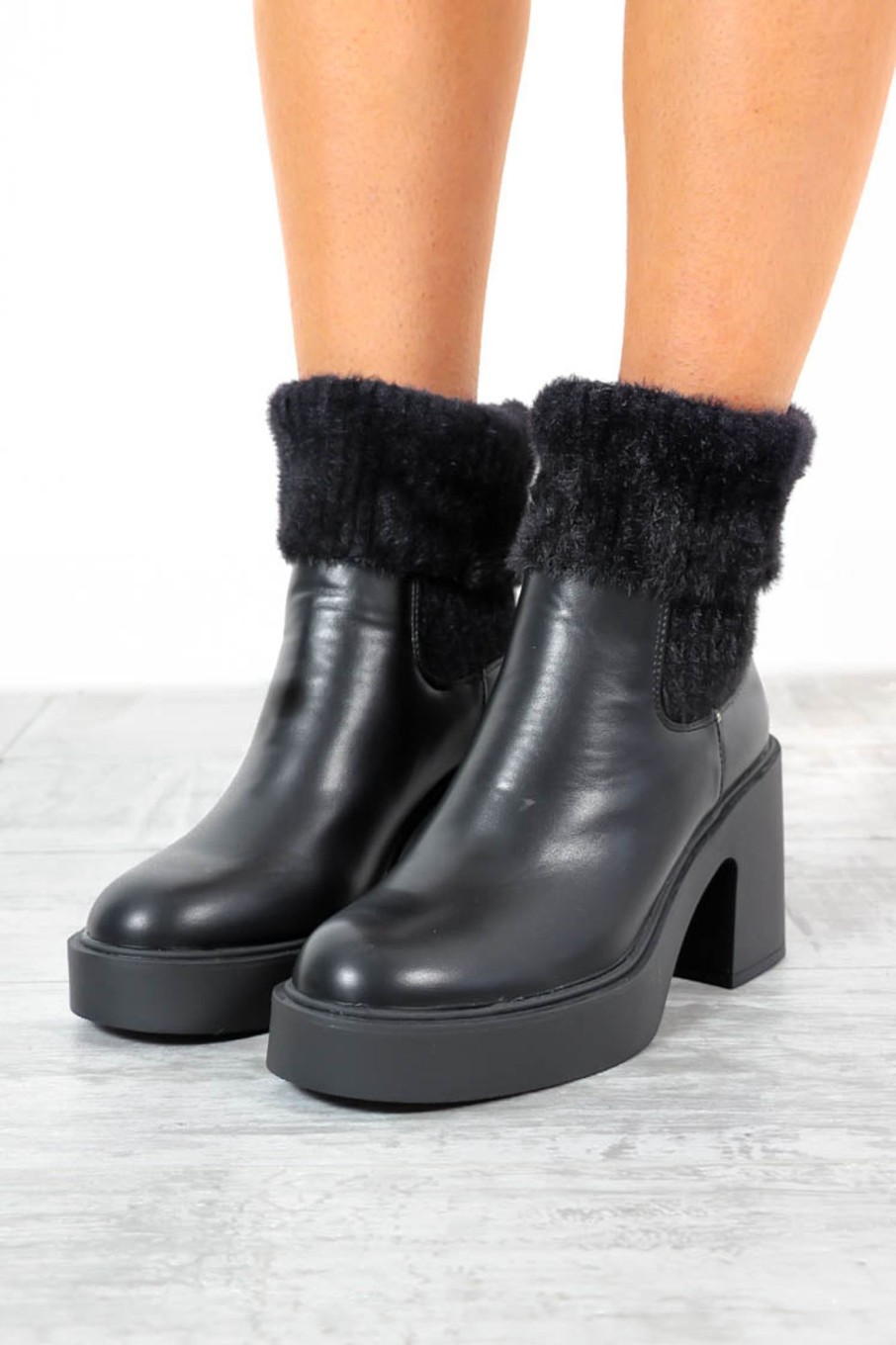 Footwear Ideal Shoes | Boot Off - Black Faux Leather Heeled Sock Boot