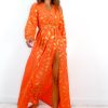 Clothing GIRL IN MIND | She Could Be The One - Orange Gold Feather Print Maxi Dress