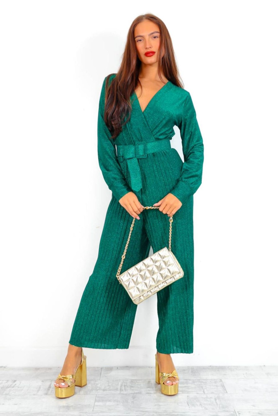 Clothing B GIRL | The Pleat Is On Glitter Pleated Jumpsuit Forest