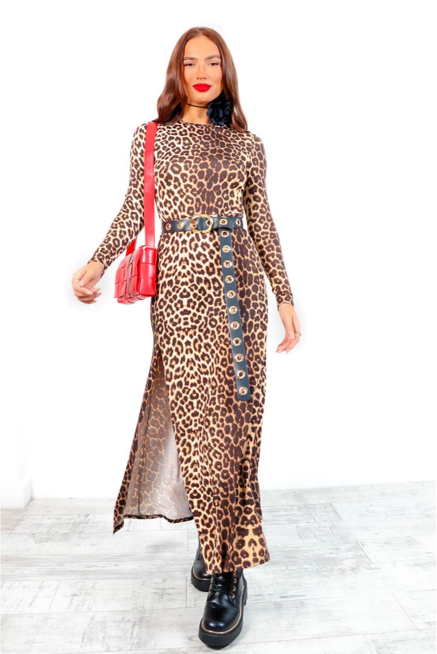 Clothing DAMES | Love That Vibe - Beige Leopard Print Midi Dress