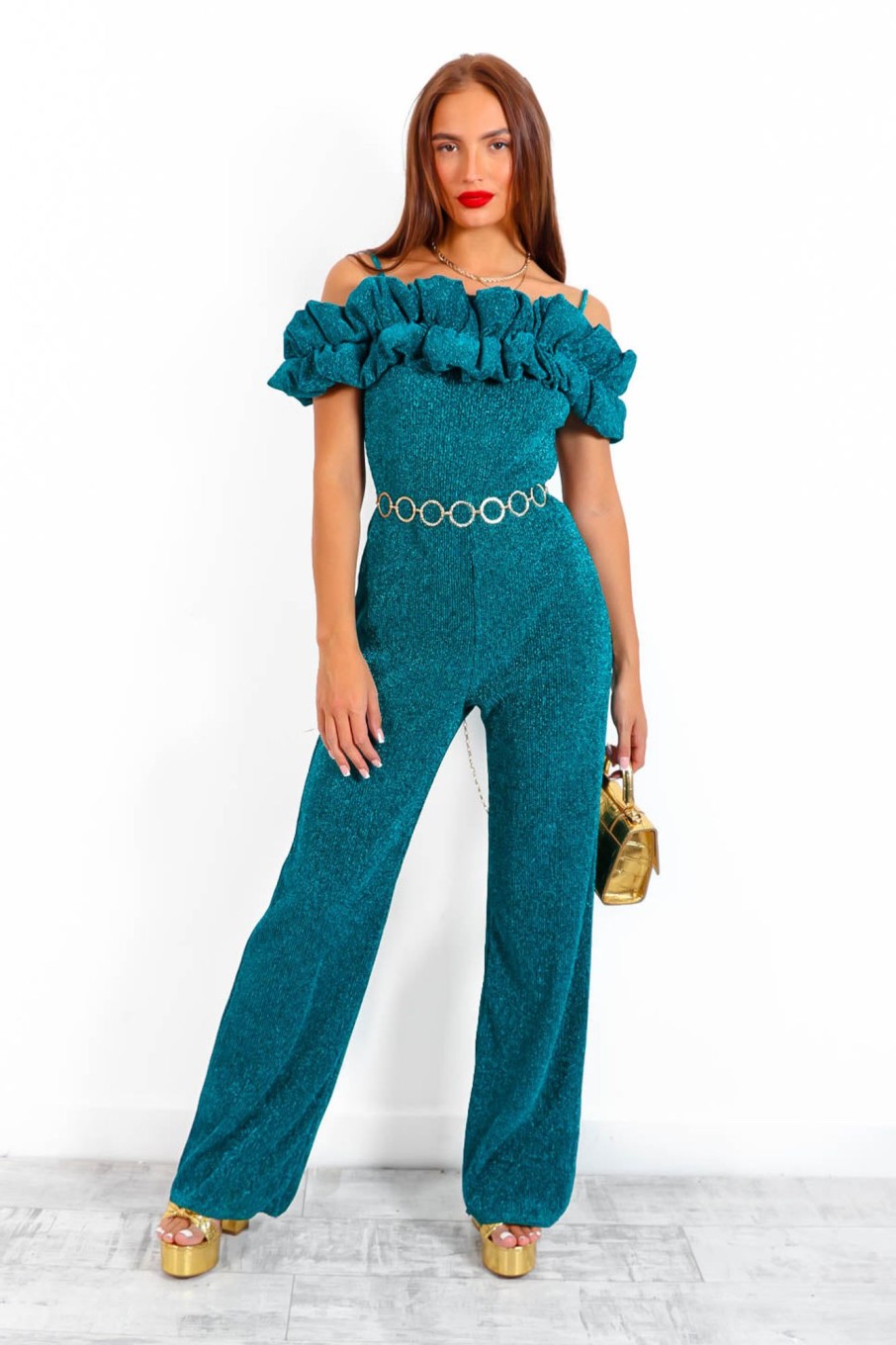 Clothing Naa Naa | Bringing The Drama Glitter Ruffle Jumpsuit Teal