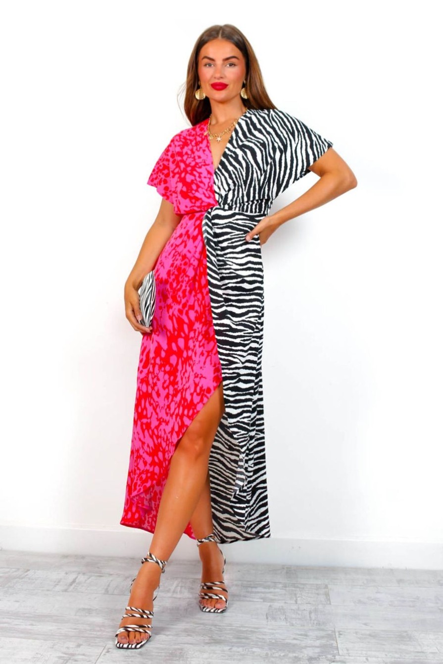 Clothing GIRL IN MIND | Knot In Love - Black White Pink Animal Spliced Midi Dress