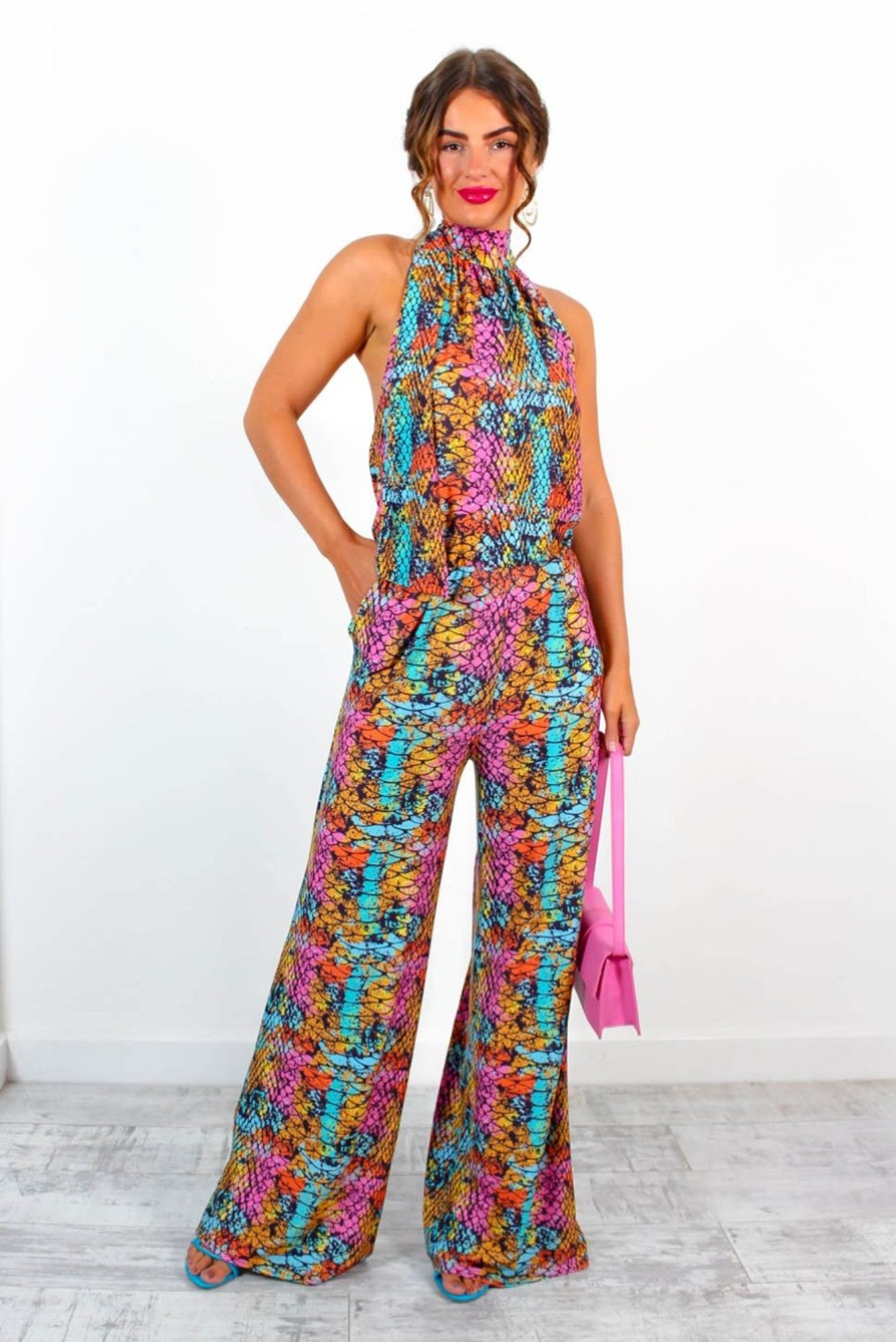 Clothing JOHN ZACK | Now Youre Mine - Multi Snake Print Halter Neck Jumpsuit