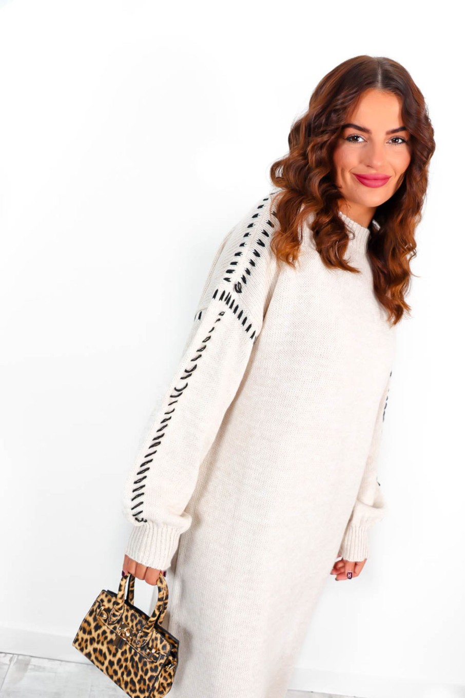 Clothing B GIRL | Fashion Moment - Oatmeal Black Stitch Detail Knitted Dress Neutral