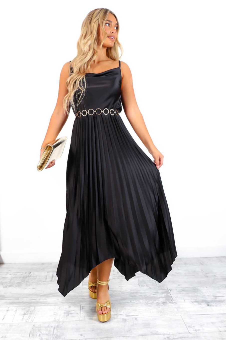 Clothing B GIRL | Cowl Me Maybe? - Black Cowl Neck Satin Pleated Midi Dress