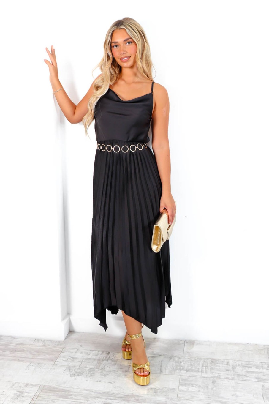 Clothing B GIRL | Cowl Me Maybe? - Black Cowl Neck Satin Pleated Midi Dress