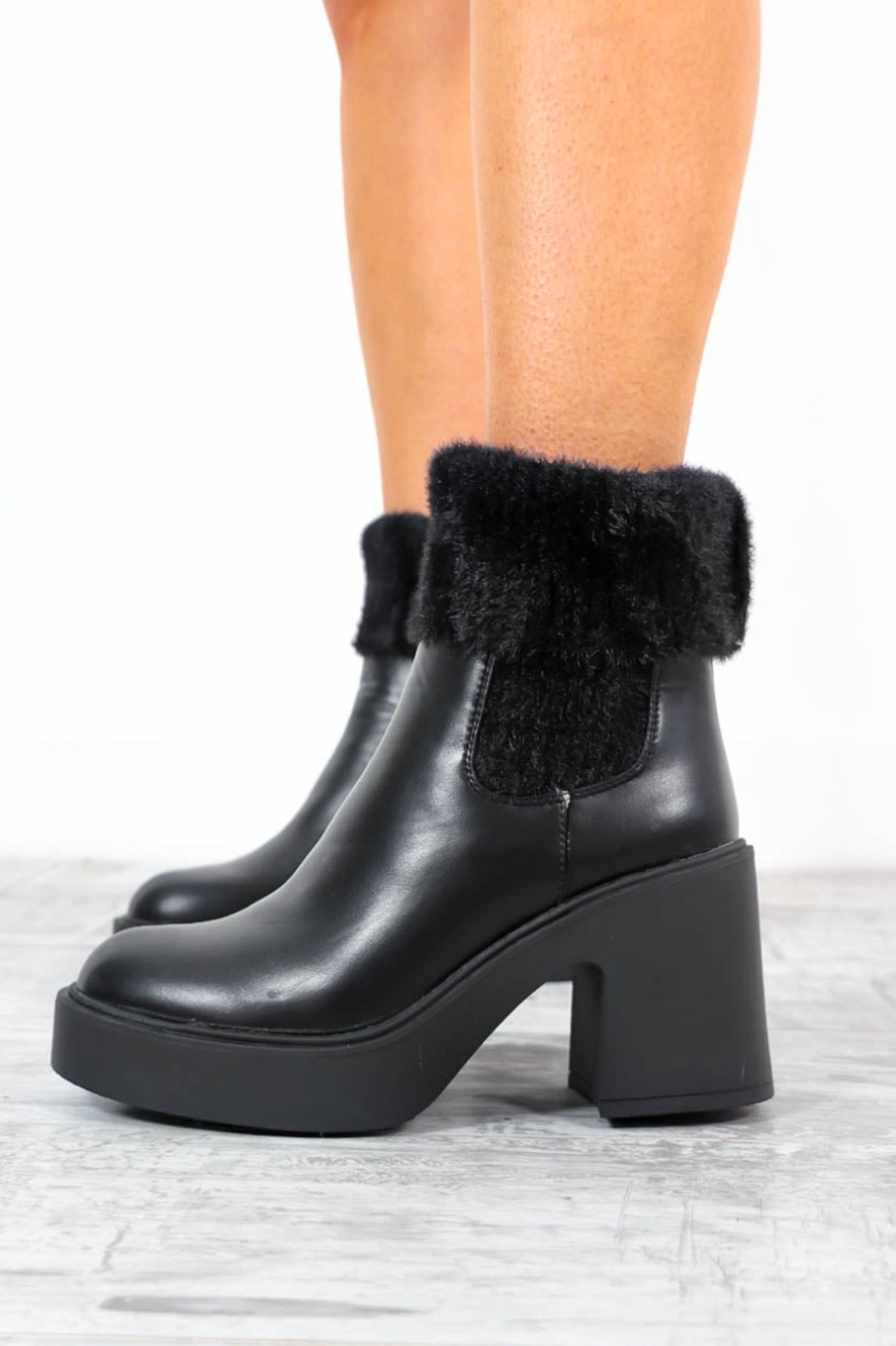 Footwear Ideal Shoes | Boot Off - Black Faux Leather Heeled Sock Boot