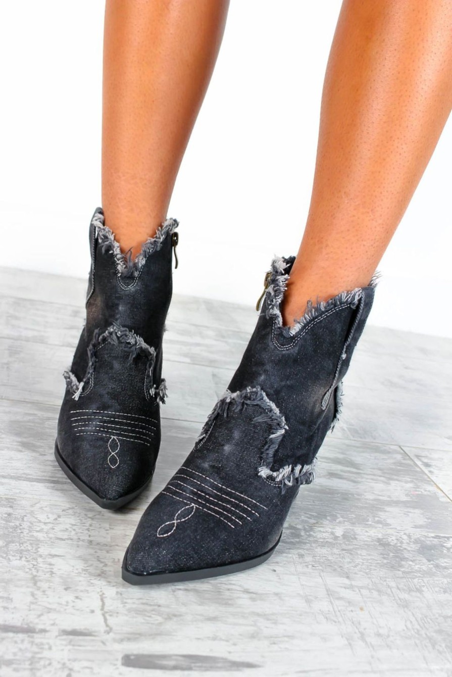 Footwear NN Accessories | Fray Queen - Black Denim Distressed Cowboy Boots