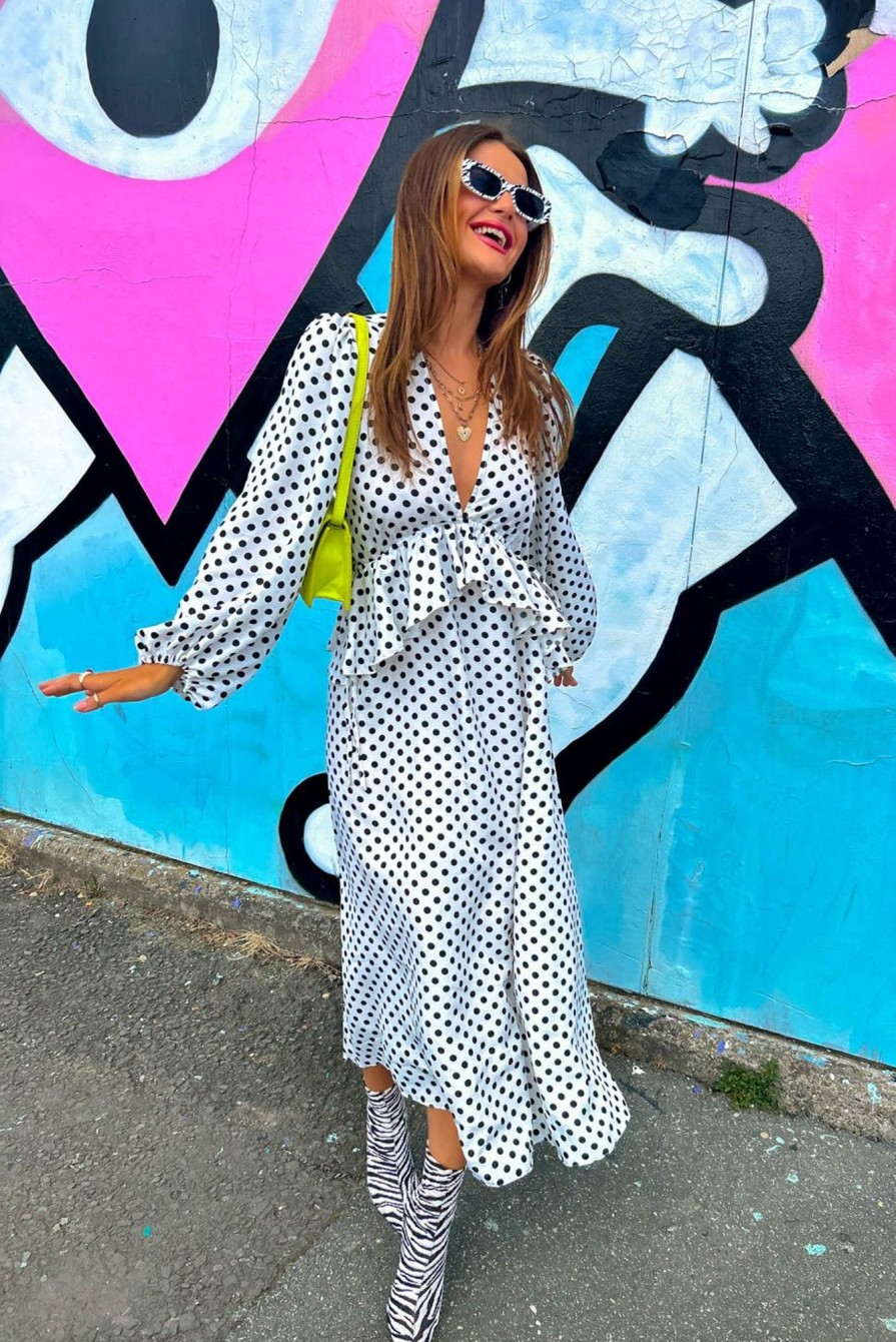 Clothing JOHN ZACK | Meet Me At Noon - White Black Polka Dot Ruffle Midi Dress