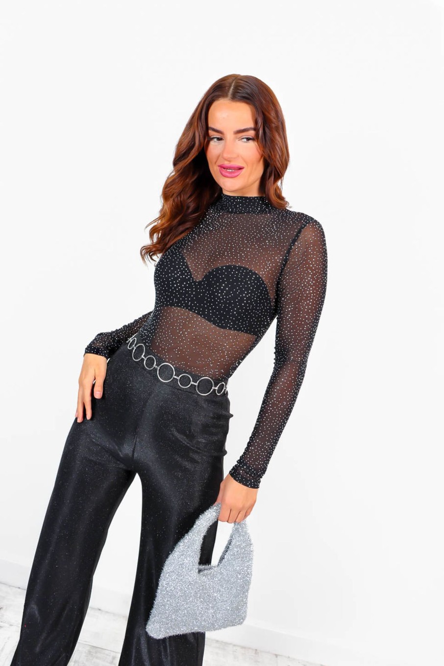 Clothing BABEZ FASHION | Mesh With My Head - Black Mesh Diamante Bodysuit