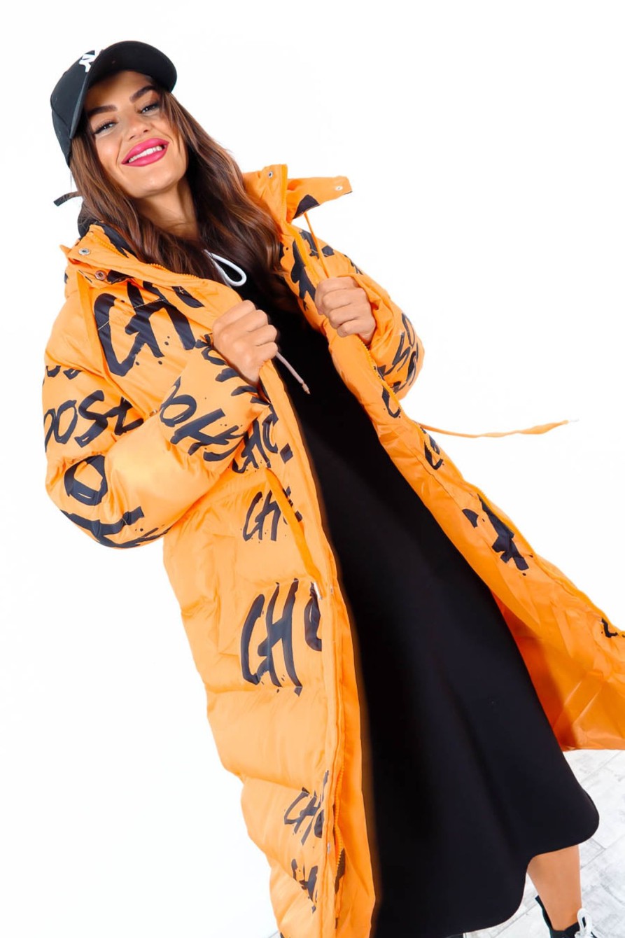 Clothing DAMES | Choose You Hooded Graffiti Puffer Coat Orange