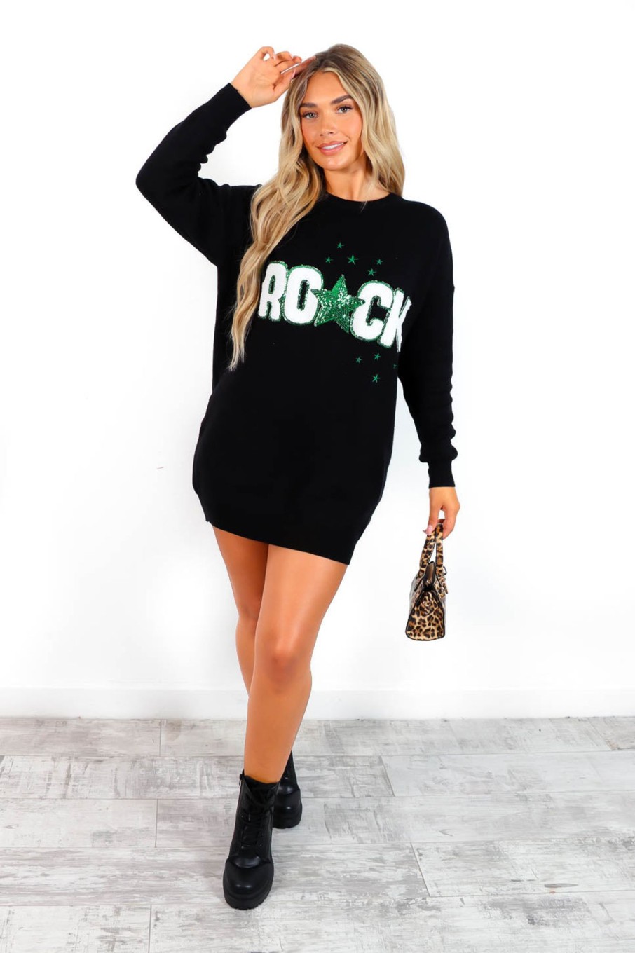 Clothing SHK | I Wanna Rock - Black Green Rock Sequin Knitted Dress