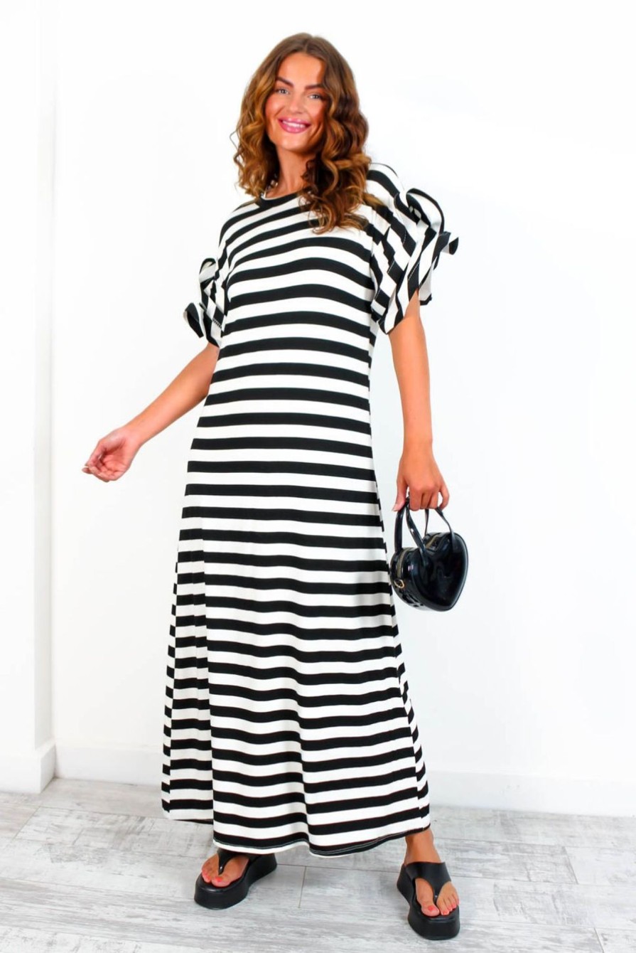 Clothing B GIRL | Casual Feelings - White Black Stripey Ruffle Sleeve Maxi Dress Monochrome